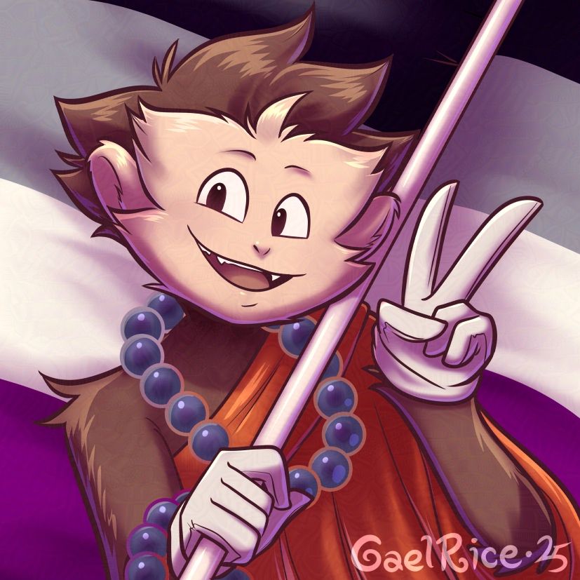 Mackie Garou (the weremonkey), having a peace sign while holding a flag that contains the colors of asexuality (from top to bottom, black, gray, white, purple). The bottom right part of the drawing shows as a signature GaelRice . 25 .