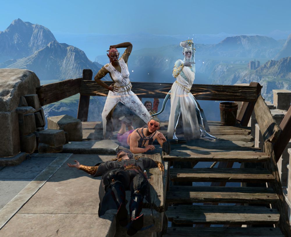 a band of 3 Tavs + Gale posing over the dead body of gortash, about to beat honor mode in bg3