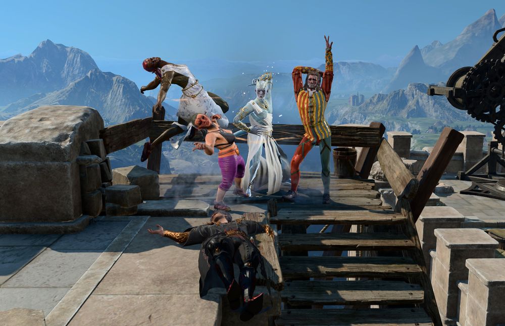 a band of 3 Tavs + Gale posing over the dead body of gortash, about to beat honor mode in bg3