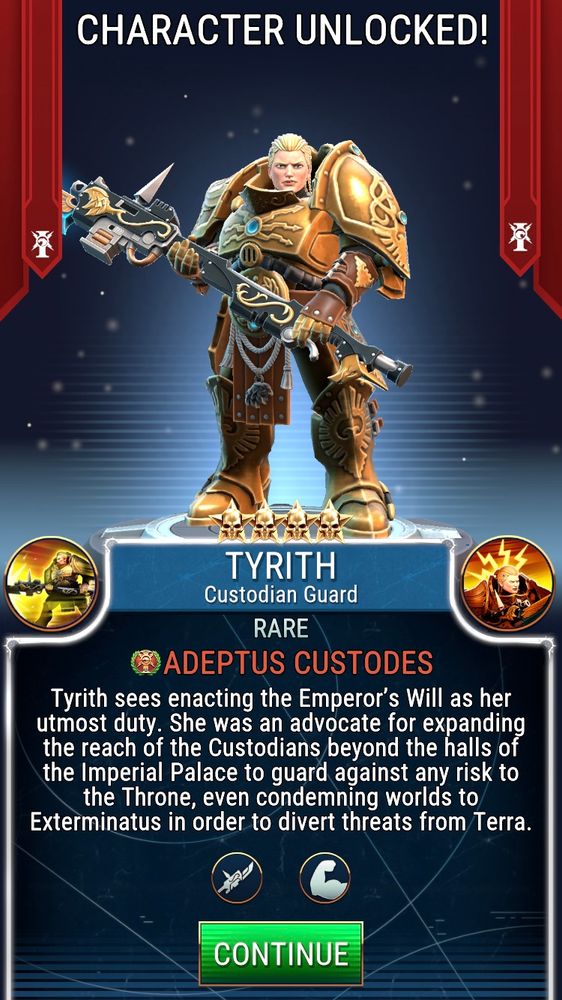 The unlock screen for the character Tyrith in the game Warhammer 40,000 Tacticus
