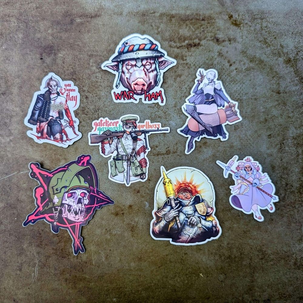 a host of stickers inspired by the tabletop game Trench Crusade.