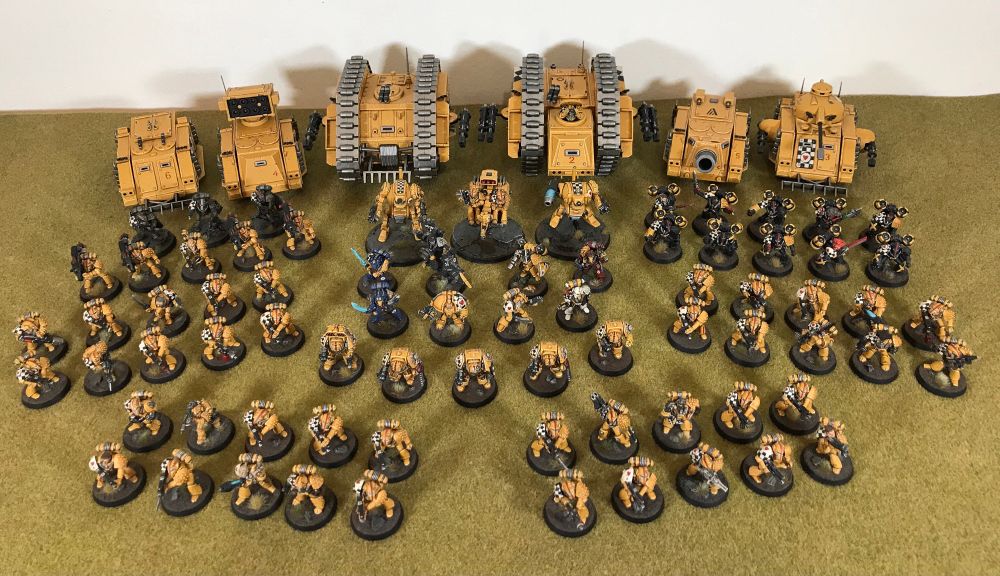 A Warhammer 40,000 space marine army made of 1980s miniatures.