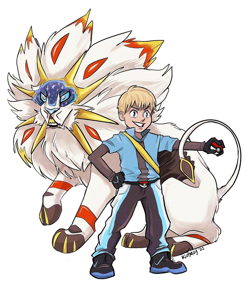 a digital drawing of the pokemon solgaleo sitting behind a a kid with blonde hair. the kid is holding a pokeball and wearing blue/black/grey outfit