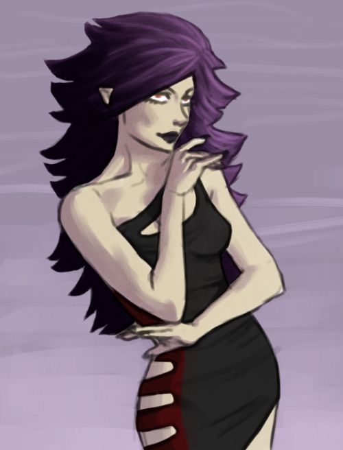 a digital drawing of a thin woman with long fluffy purple hair, wearing a black and red cut out dress. she looks Calculating y'all