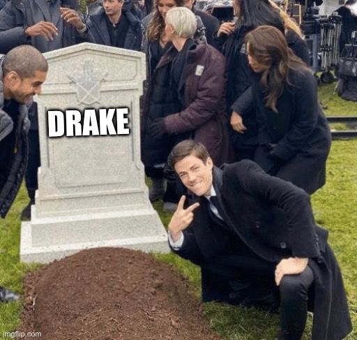 An image of Grant Gustin throwing the deuce in front of to a grave labeled Drake