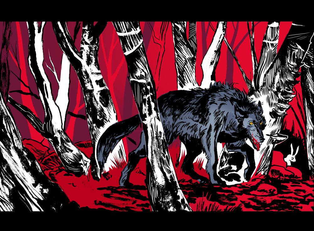 A drawing of a wold stalking through a forest of white trees. The background is red.