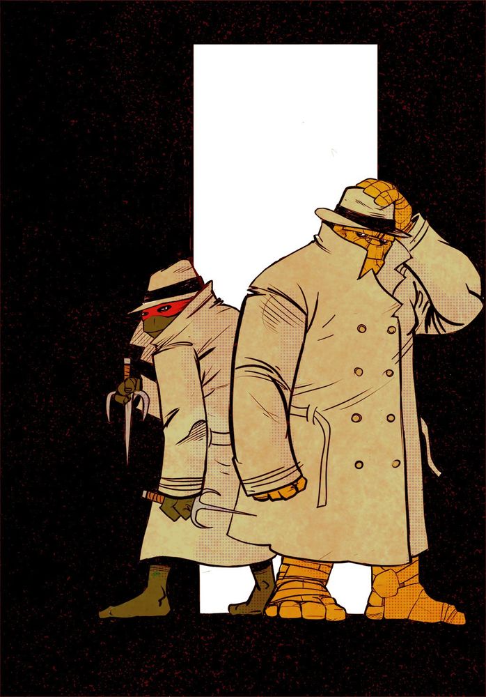 TMNTs Raph and Marvel's the Thing, back to back, wearing their characteristic trenchcoats 