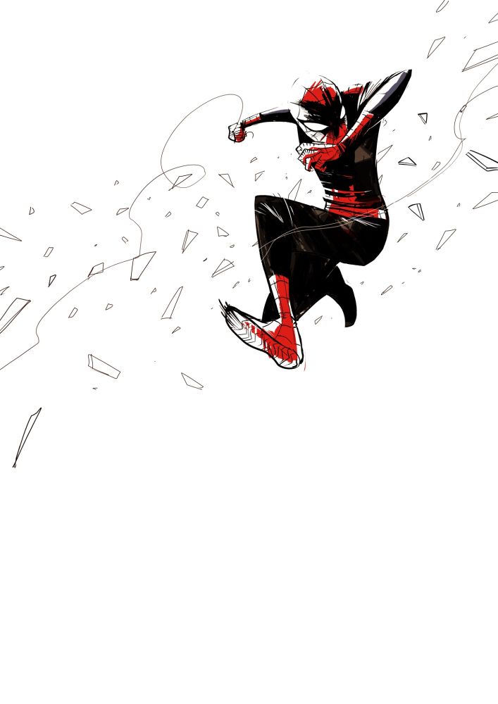Spiderman, classic suit. All around him, glass of a window he apparently went trough. white background