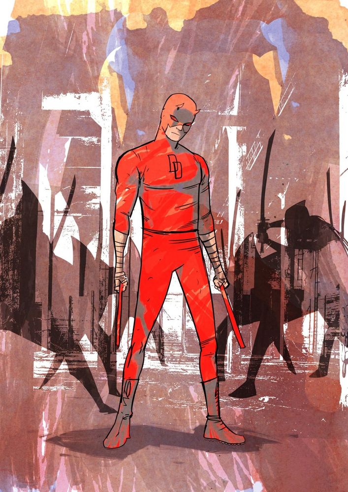 Daredevil, with his head tilted.  He's sensing a group of ninjas that surround him, seen only as shadows