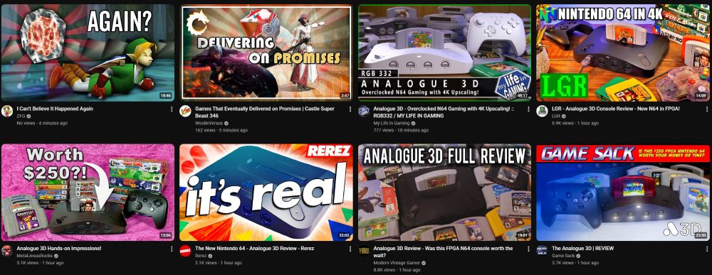 A portion of my YouTube subscriptions feed with several videos dedicated to the Analogue 3D, a FPGA clone console of the Nintendo 64.

Also, poor Link...