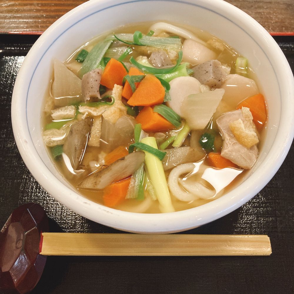 香川名物の煮込んだ野菜と鶏が乗ったうどんの写真