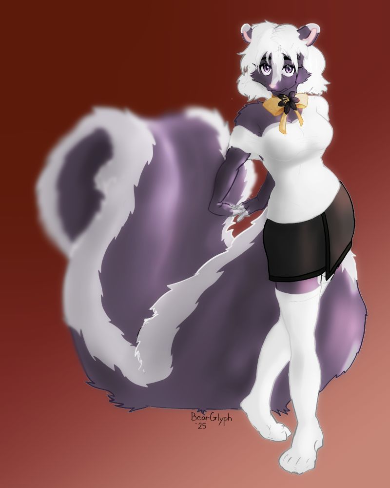 Lily (a sona of Lucasta) shyly approaches the camera. She is lacing her fingers behind her back. Her tail is twice the size of her body.