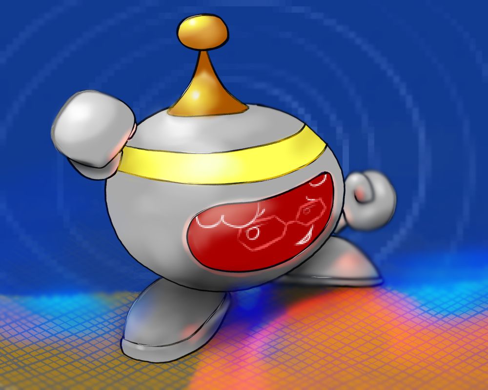 A drawing of Virty, Big Lumby's virtual assistant character, emerging from a pixelated portal.