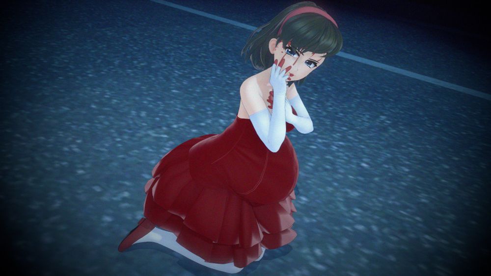 "Excuse me... who are you?"
Laila dressed up as Mima from the film Perfect Blue. She's on her knees, with blood coming down her face and chest - touching her face and looking at (You).