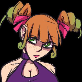 A close-up of the same girl, Alberta Ashford, with her green-tipped orange hair in tight coils to reflect her controlled demeanor.