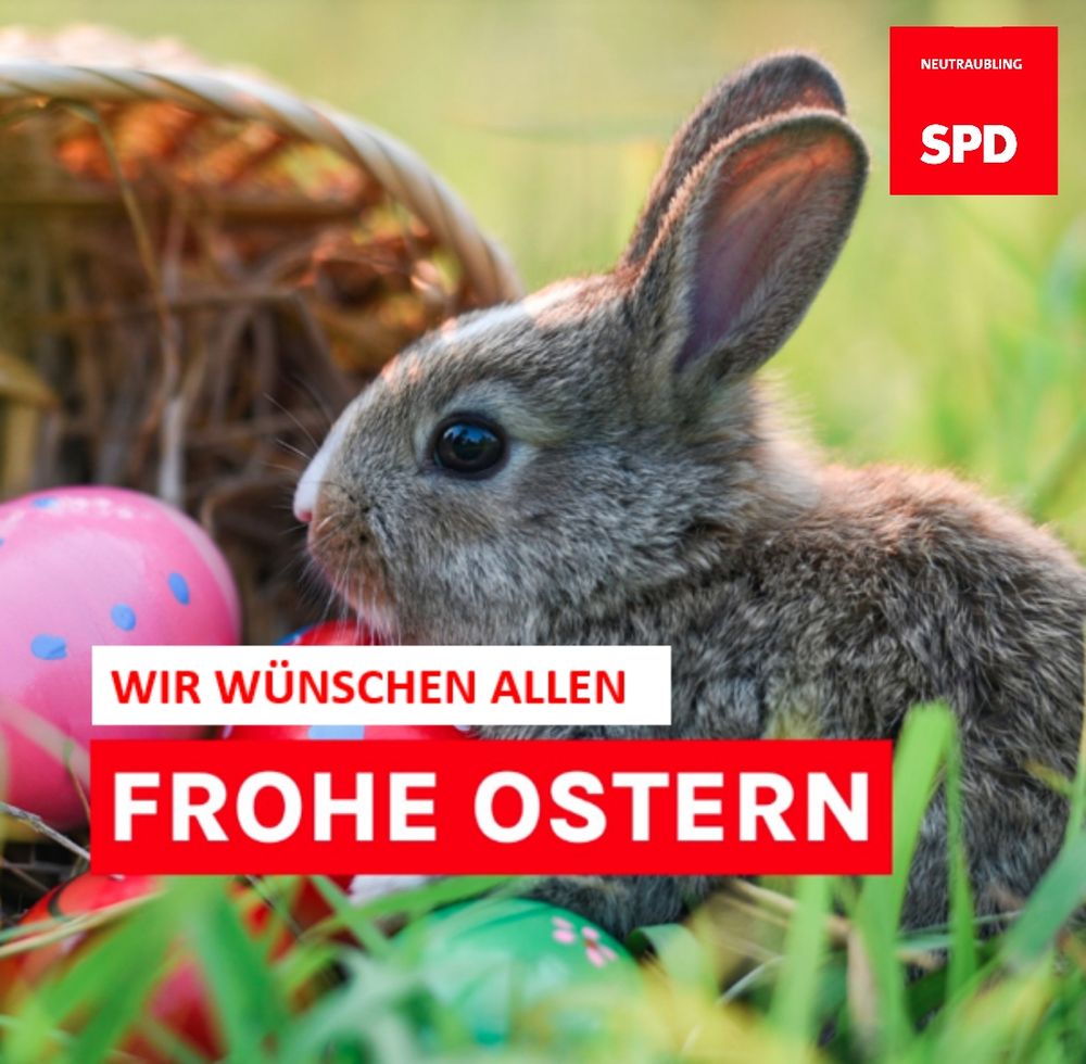 Osterhase und Überschrift "Wir wünschen allen Frohe Ostern"