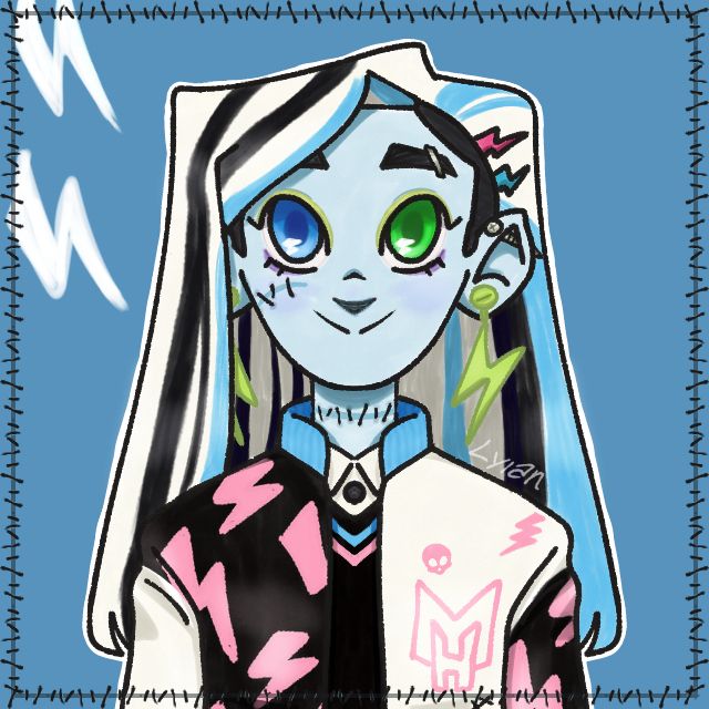Desenho de Frankie de Monster High. Elu está sorrindo. Usa um casaco metade preto com raios rosas e metade branco com o símbolo de Monster high. O cabelo é liso com mechas brancas, pretas e azuis, raspado de um lado.