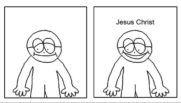 Crude drawing of a person looking forlorn in one panel before saying "jesus christ" in the second panel.