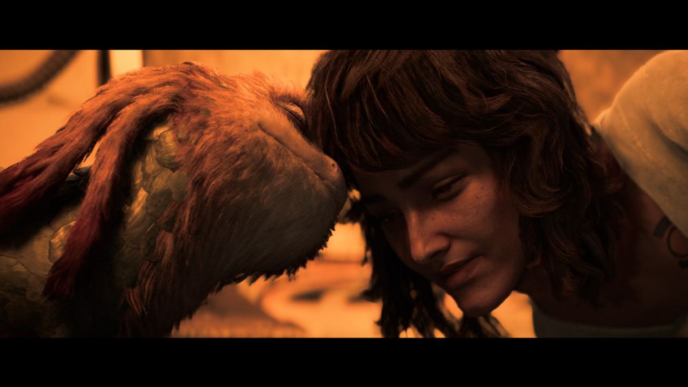 Nix und Kay aus dem Spiel Star Wars Outlaws berühren sich gegenseitig mit ihren Stirnen in einem friedlichen Moment.