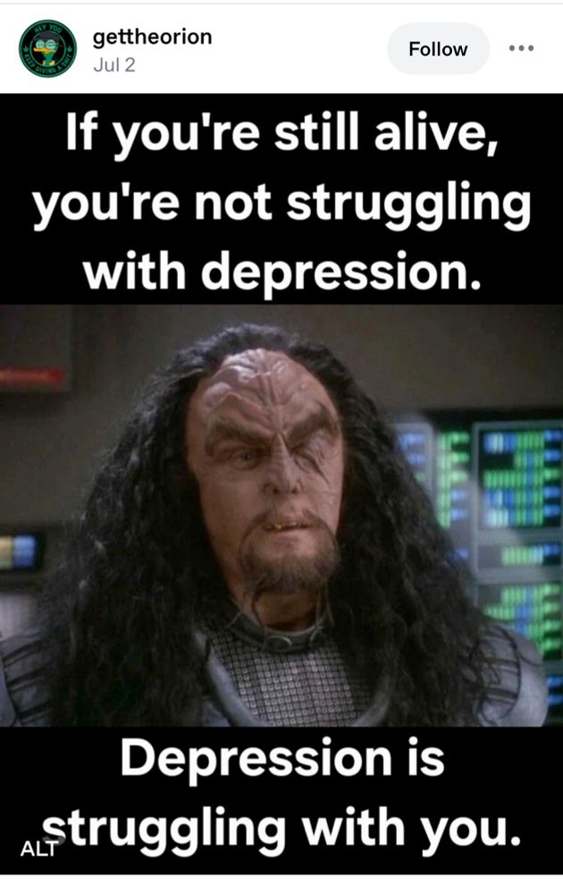 Screenshot from Star Trek Deep Space Nine featuring General Martok. The text says "If you're still alive, you're not struggling with depression. Depression is struggling with you."