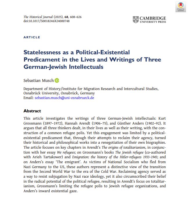 This article investigates the writings of three German-Jewish intellectuals: Kurt Grossmann (1897–1972), Hannah Arendt (1906–75), and Günther Anders (1902–92). It argues that all three thinkers dealt, in their lives as well as their writing, with the construction of a common refugee polis. Yet this engagement was limited by a political-existential predicament that, through their attempts to reclaim their agency, turned their historical and philosophical works into a renegotiation of their own biographies. The article focuses on key chapters in Arendt’s The origins of totalitarianism, in conjunction with her essay We refugees; on Grossmann’s books The Jewish refugee (co-authored with Arieh Tartakower) and Emigration: the history of the Hitler-refugees 1933–1945; and on Anders’s essay ‘The emigrant’. As victims of National Socialism who fled from Nazi Germany to the US, these authors represent a distinctive view of the transition from the Second World War to the era of the Cold War. Reclaiming agency served as a way to resist subjugation by Nazi race ideology, yet it also circumscribed their belief in the radical potential of the political refugee, resulting in Arendt’s focus on totalitarianism, Grossmann’s limiting the refugee polis to Jewish refugee organizations, and Anders’s inward existential gaze.

