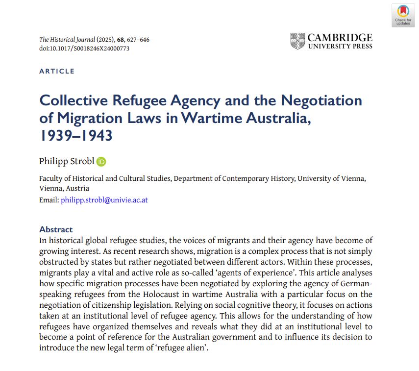 In historical global refugee studies, the voices of migrants and their agency have become of growing interest. As recent research shows, migration is a complex process that is not simply obstructed by states but rather negotiated between different actors. Within these processes, migrants play a vital and active role as so-called ‘agents of experience’. This article analyses how specific migration processes have been negotiated by exploring the agency of German-speaking refugees from the Holocaust in wartime Australia with a particular focus on the negotiation of citizenship legislation. Relying on social cognitive theory, it focuses on actions taken at an institutional level of refugee agency. This allows for the understanding of how refugees have organized themselves and reveals what they did at an institutional level to become a point of reference for the Australian government and to influence its decision to introduce the new legal term of ‘refugee alien’.

