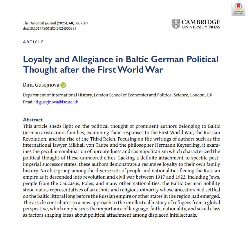 This article sheds light on the political thought of prominent authors belonging to Baltic German aristocratic families, examining their responses to the First World War, the Russian Revolution, and the rise of the Third Reich. Focusing on the writings of authors such as the international lawyer Mikhail von Taube and the philosopher Hermann Keyserling, it examines the peculiar combination of uprootedness and cosmopolitanism which characterized the political thought of these unmoored elites. Lacking a definite attachment to specific post-imperial successor states, these authors demonstrate a recursive loyalty to their own family history. An elite group among the diverse sets of people and nationalities fleeing the Russian empire as it descended into revolution and civil war between 1917 and 1922, including Jews, people from the Caucasus, Poles, and many other nationalities, the Baltic German nobility stood out as representatives of an ethnic and religious minority whose ancestors had settled on the Baltic littoral long before the Russian empire or other states in the region had emerged. The article contributes to a new approach to the intellectual history of refugees from a global perspective, which emphasizes the importance of language, faith, nationality, and social class as factors shaping ideas about political attachment among displaced intellectuals.

