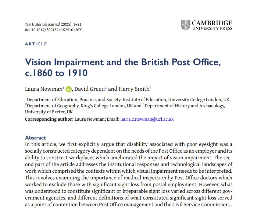 In this article, we first explicitly argue that disability associated with poor eyesight was a socially constructed category dependent on the needs of the Post Office as an employer and its ability to construct workplaces which ameliorated the impact of vision impairment. The second part of the article addresses the institutional responses and technological landscapes of work which comprised the contexts within which visual impairment needs to be interpreted. This involves examining the importance of medical inspection by Post Office doctors which worked to exclude those with significant sight loss from postal employment. However, what was understood to constitute significant or irreparable sight loss varied across different government agencies, and different definitions of what constituted significant sight loss served as a point of contention between Post Office management and the Civil Service Commission. .

