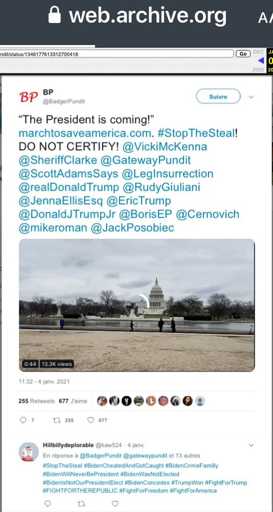 1/4/21–Kenneth Chesebro (as Badger Pundit) tweets warning to Republican MoCs to not certify 2020 U.S. presidential election on J6. Says President is “coming” 