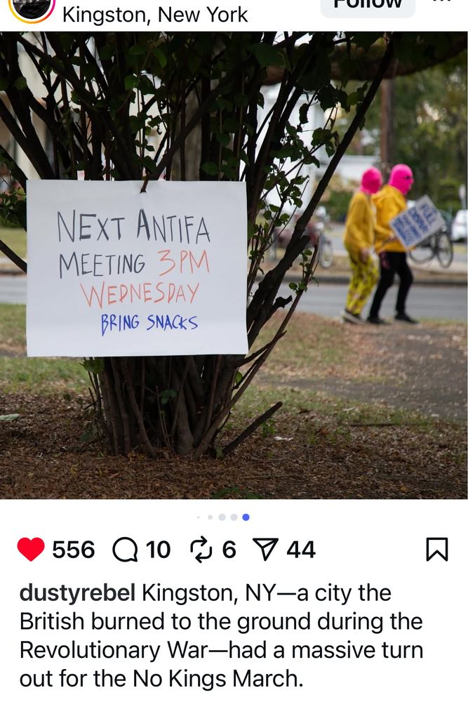 Sign taped to bush in park, people with signs in background 