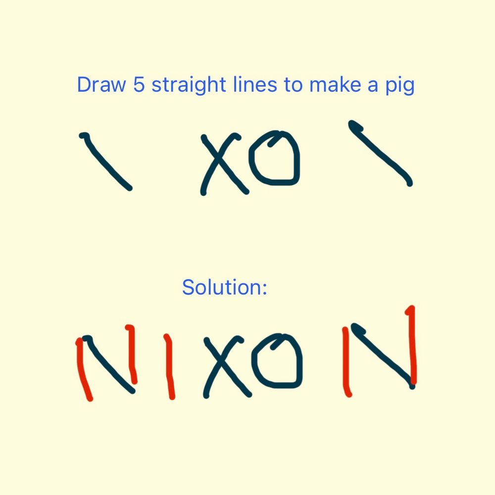 Word puzzle with some black lines, solution drawing 5 lines (shown in red) to spell “NIXON”