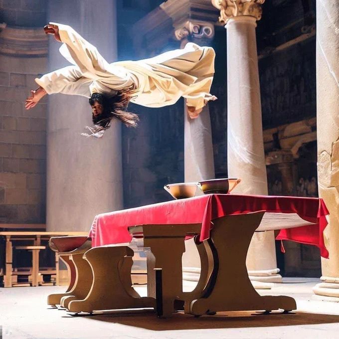 Jesus backflipping over a table.