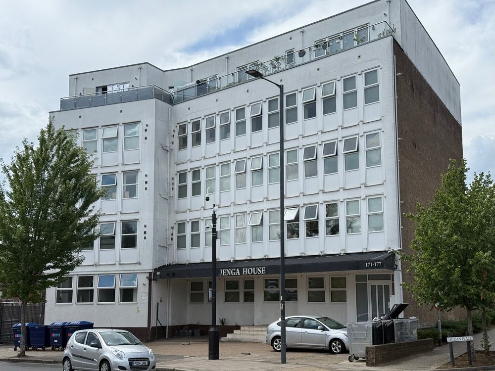 A block of flats called Jenga House. 