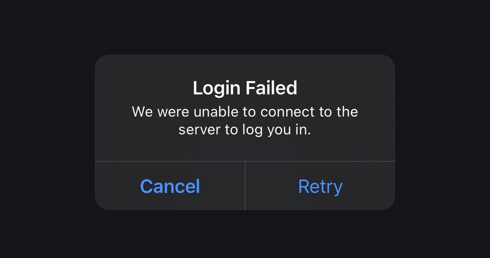 Login failed 
We were unable to connect to the server to log you in. 