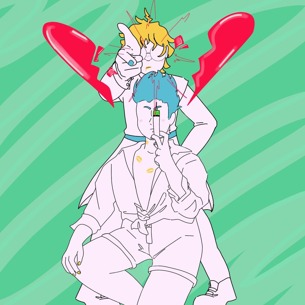 Two people are in the center of the image. One is half-kneeling with a string in his hand, partially filled with green bubbly liquid. He has spiked blue hair and yellow lipstick kisses along his neck, his nails painted in the same yellow. Behind him is another man, blond, who is making a finger gun towards the viewer, his nails painted the same blue as the first man's hair. He is standing behind the first man with his toes pointed inwards.
A Red heart is shattering, presumably from the finger gun the blond man is pointing towards the viewer.