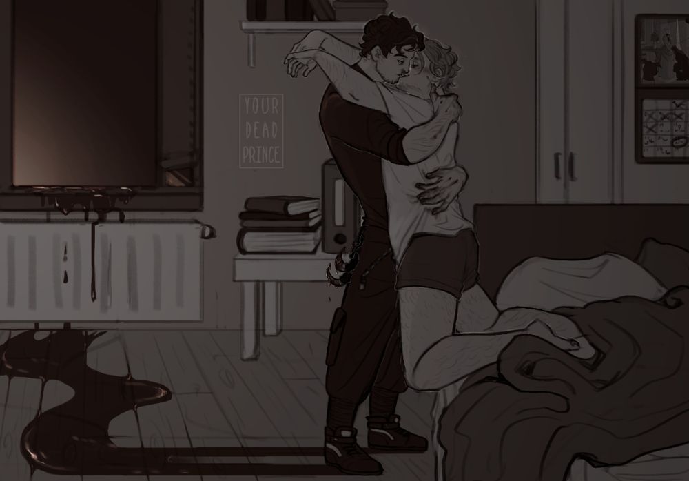 Drawing of two young men in a dark room. One is getting up from bed and throwing himself onto the other to kiss him, while the second guy is standing seemingly indifferent. There's blood leading from where he stands to the window.