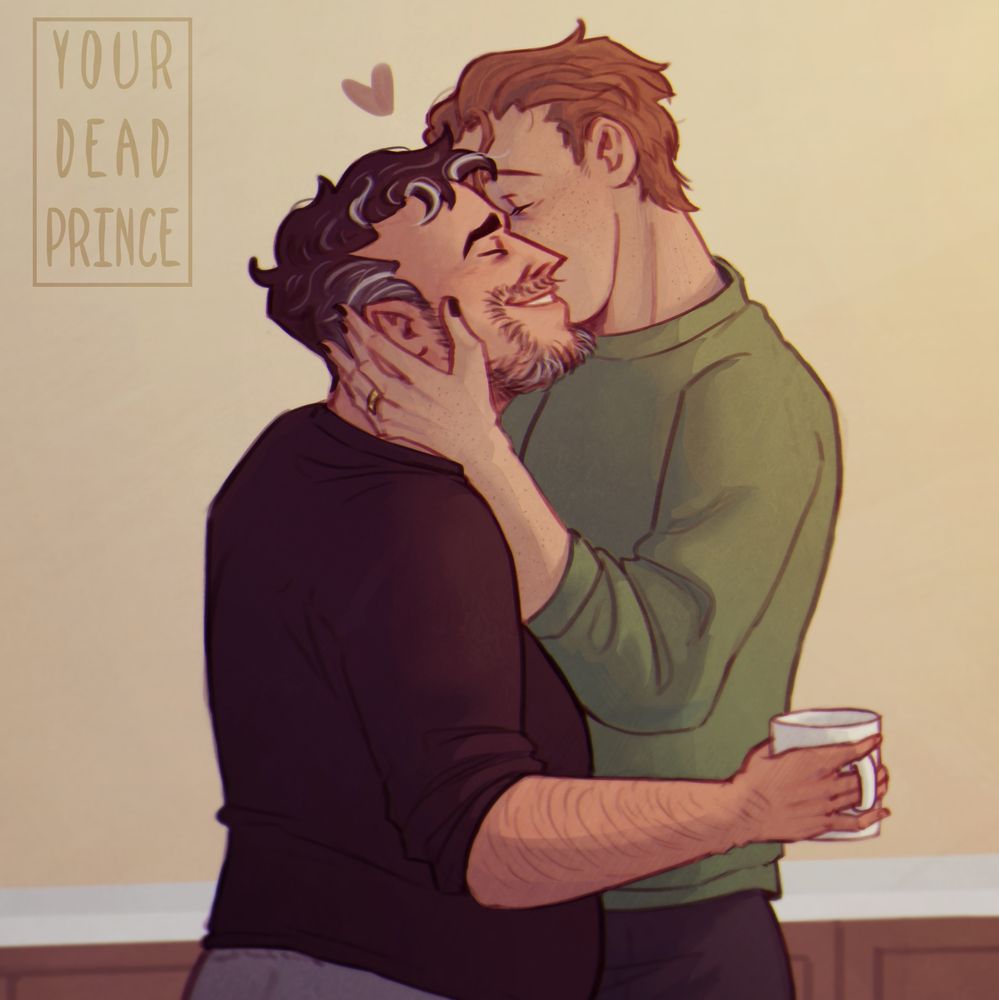 Drawing of my OCs, Marvin and Roy. Marvin is giving Roy a morning kiss on a cheek.