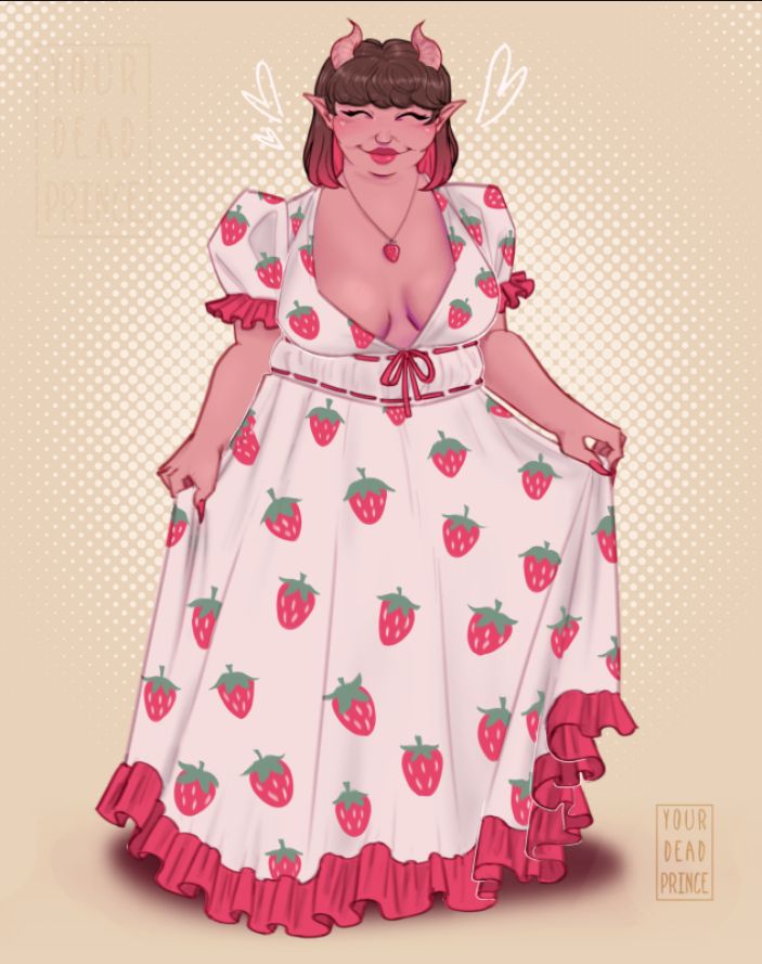 Drawing of a fat woman in a flowy, strawberry-patterned dress. She has brown hair with pink ends and horns atop of her head.