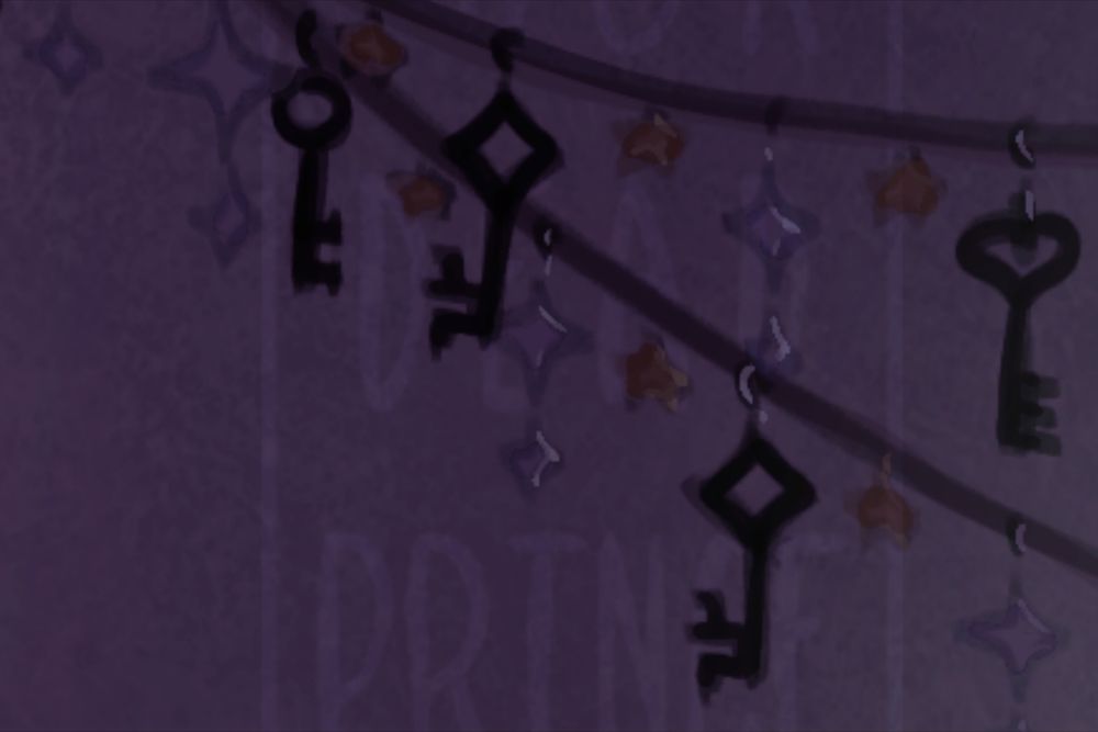 Close-up on themed decorations with stars and keys.