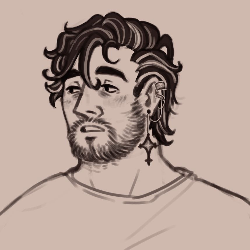 Bust of Roy with longer hair, some slicked back and some brushed on the side. He has an elaborate earring arrangement in his left ear.