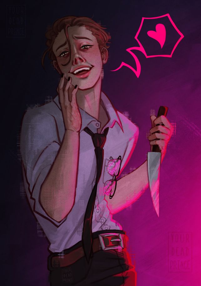 Drawing of a man in a white shirt with a black tie and black trousers. He's holding a knife and has his broken glasses hanging from his shirt pocket.  He looks manic, one of his hands touching his face.