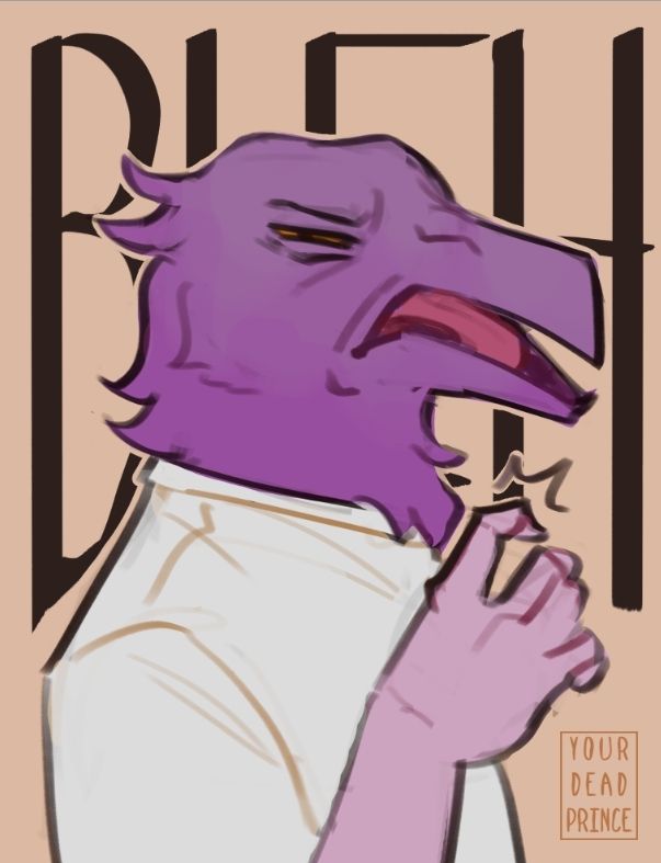 Picture of a character with human body but head of a (purple) crow. They're wincing, big "BLEH" written in the background.