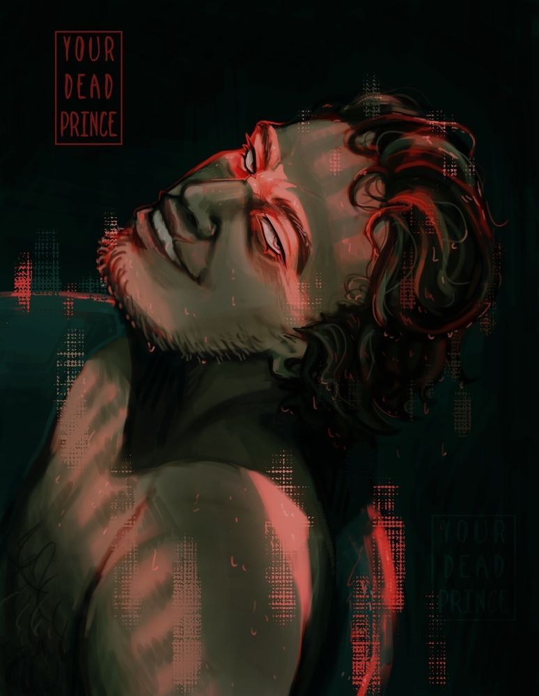 Drawing of a man taking a bath in a dark room, his eyes and body illuminated by red light.
