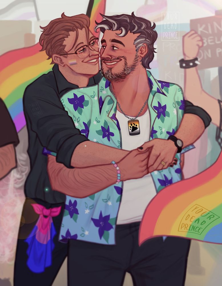 Painting of my characters Marvin and Roy at pride. Marvin is embracing Roy from behind, both of them are smiling. Roy wears a shirt in colors of mlm flag, a bracelet in trans flag colors and a necklace with bear flag. Marvin has a nonbinary flag painted on his cheek and a bisexual handkerchief tied to his pants on his right side.