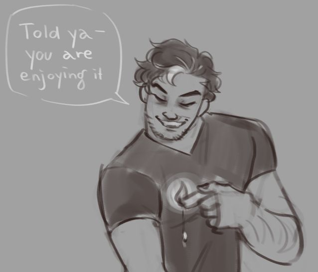 Cropped screenshot of a drawing where younger Arkadiusz is pouring candle wax onto someone. He's looking down at them and says "Told ya - you are enjoying it" with a smile.