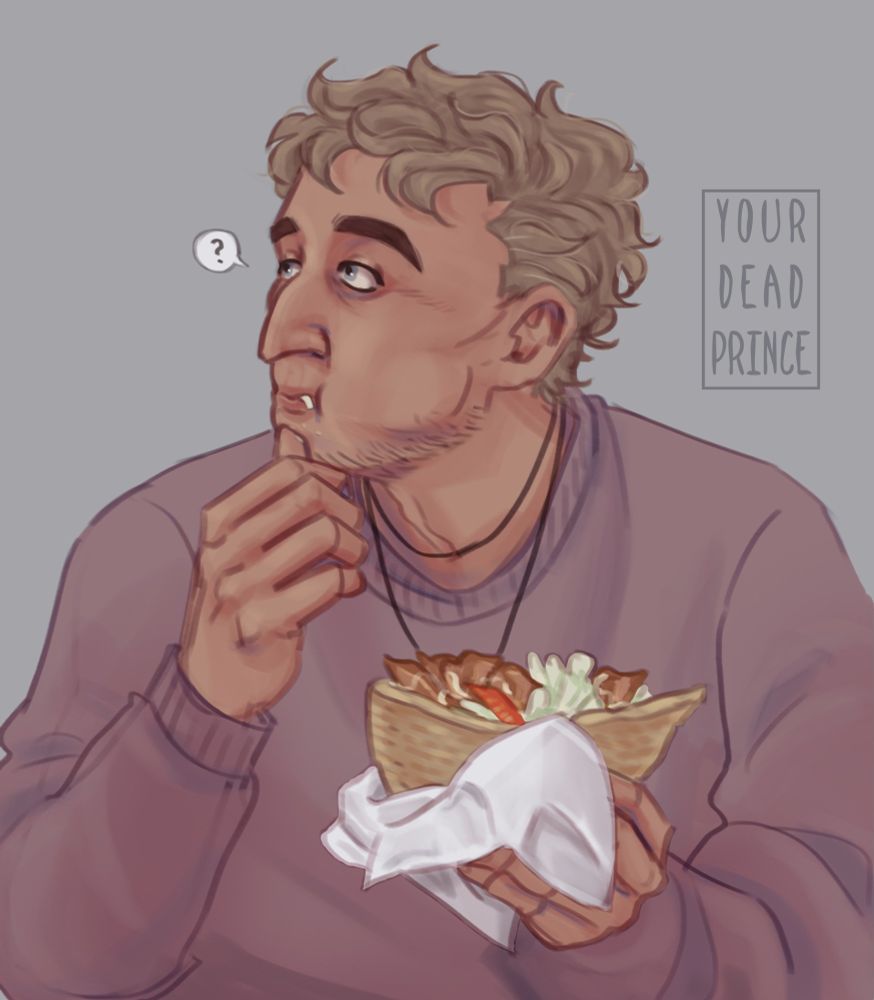 Karol is looking to the side, a small speech bubble with "?" inside next to his head. He's wearing a pink/purple sweater and holding a half-eaten shish kebab in the left hand, the right one by his mouth and brushing off crumbs. His mouth is stuffed with kebab.