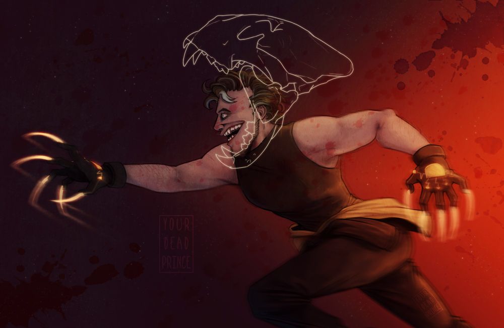 Arkadiusz is seemingly running, his claws outstretched as if he's ready to attack his next victim. There are blood stains all around the canvas, and a skull of a big cat layered over the man. The jaw of the skull is open, as if it were to bite down, and similarly the man himself is smiling broadly, even maniacally.