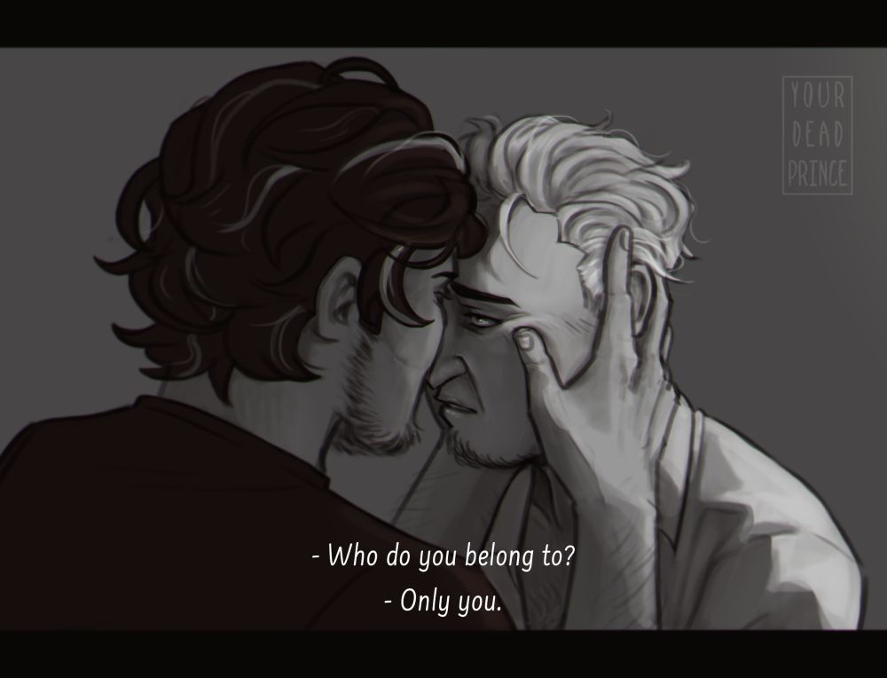 Black and white scene where Arkadiusz is holding Karol's face, their foreheads almost touching. The viewer can only see Karol's face and the man looks completely enamoured (almost as if in a subspace?). Arkadiusz asks "Who do you belong to?" to which the man replies "Only you."