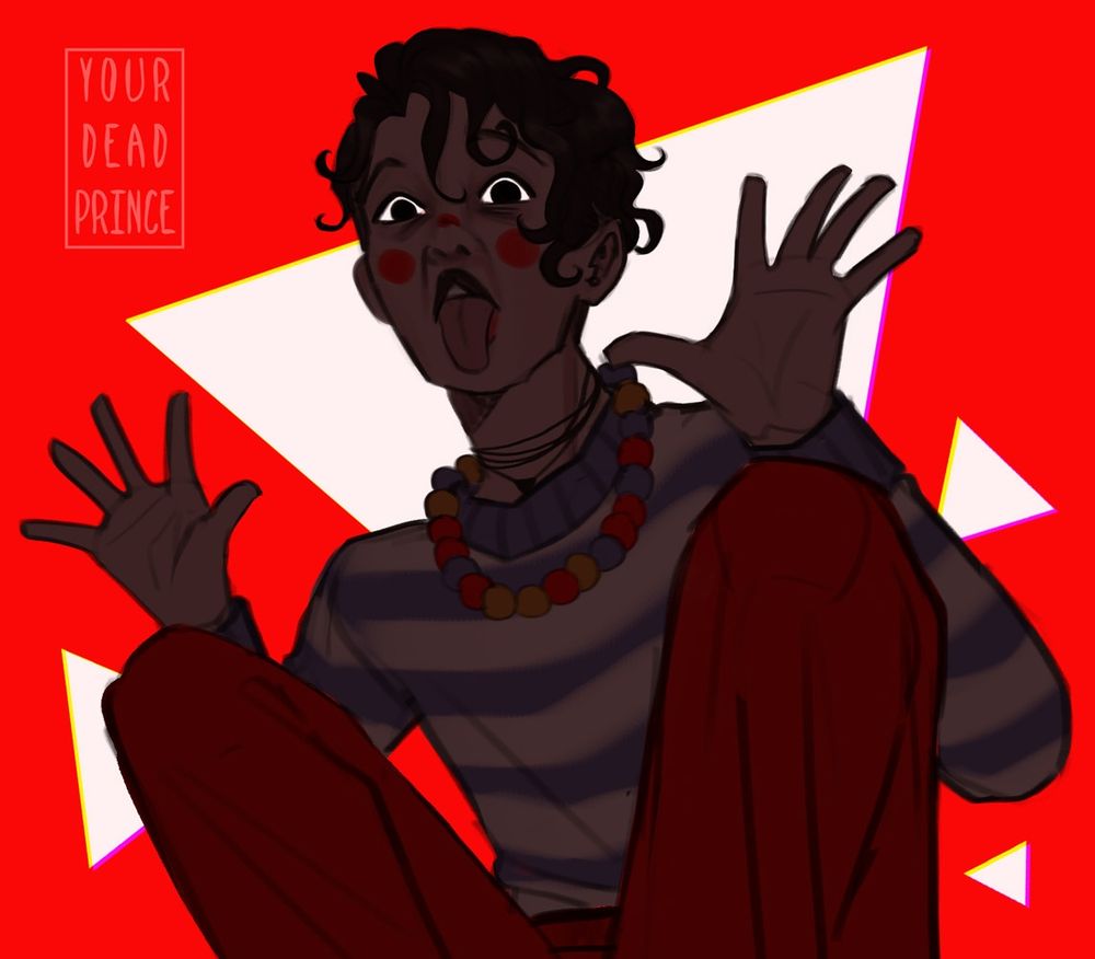 Drawing of a figure obscured by shadows save for their eyes that are staring at the viewer. The background is bright red with white triangles.