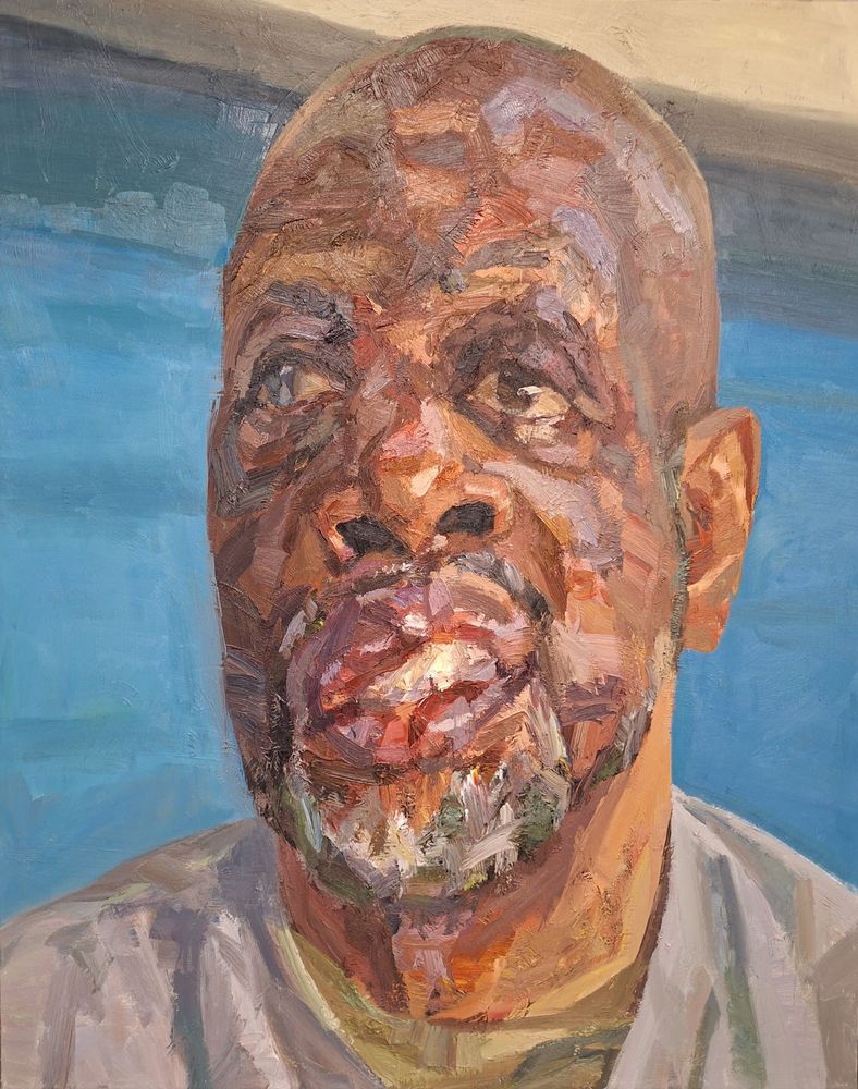 'Cliff, outreach worker', oil on canvas, 60inches x 48inches. 

I painted Cliff a few years ago as part of a project of portraits of people living and working in the London borough of Haringey. I have just finished this large scale portrait of him as part of a series of paintings of people with facial difference. Cliff's jaw was broken when he was a child, it was never properly re-set.

I would like to thank Cliff for giving me his time and for letting me include him in this project. The second photo shows me next to the painting for scale.
